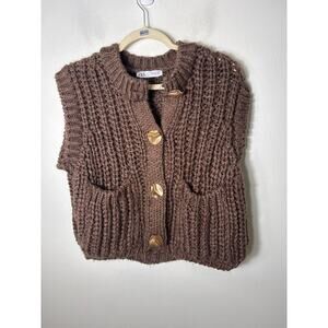 Zara Brown Chunky Knit Button-Front Sweater Vest